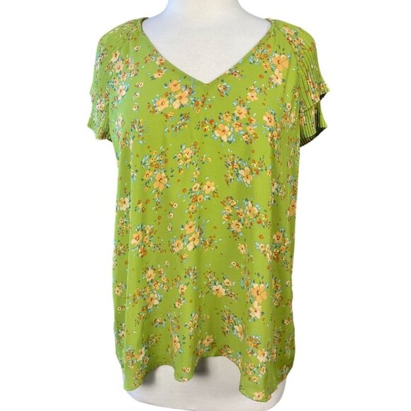 Dr2 Pullover V-Neck Green Floral Pleated Flounce Sleeve Blouse XL NEW w/Tags - Picture 1 of 10